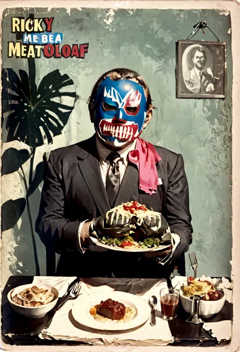 lucha libre masked man, buff, wearing a suit and enjoys a nice meal. album cover called "ricky meatloaf"