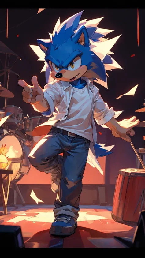 A male furry hedgehog is dancing to "Fatal trouble" by enhypen.  He is wearing a short jacket, semi-transparent white t-shirt and baggy jean