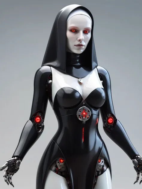 ral-opal, meahophontron, full body, woman robot face, devil nun, negro, looking at camera, body nun clothes, red eyes, primer plano looking at camera, realist, beautifull woman