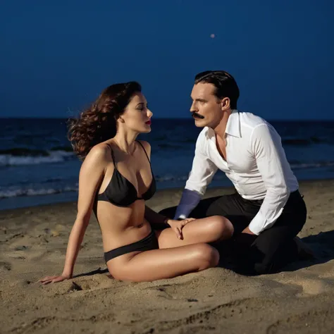 The man in his 45s with black very short hair and smooth face with moustache. The woman in her 45s with brown wavy long hair. The man is wearing an unbuttoned white shirt and black trousers. The woman is wearing a black low-cut evening dress. Seaside, beac...