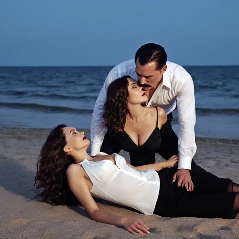 The man in his 45s with black very short hair and smooth face with moustache. The woman in her 45s with brown wavy long hair. The man is wearing an unbuttoned white shirt and black trousers. The woman is wearing a black low-cut evening dress. Seaside, beac...