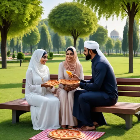 A Muslim man and his veiled Muslim wife  and daughter in a park eating pizza and drinking juice . High quality photo realistic .8k,, detailed, realistic, 8k uhd, high quality