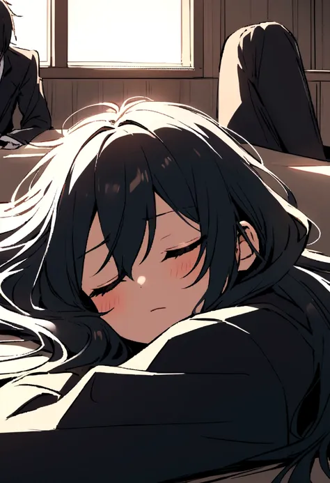 Boy with long hair and black suit with a sleeping pose and with a sleepy face in a day class