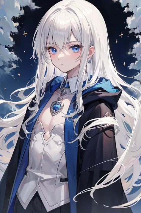 (masterpiece, highest quality:1.2), highest quality, masterpiece, high resolution, Anime style, portraiture, beautiful male, long hair, Silver hair, platinum blond hair, uniform for men, oversized coat, disproportionate cloak, dark blue eyes, ((small chest...