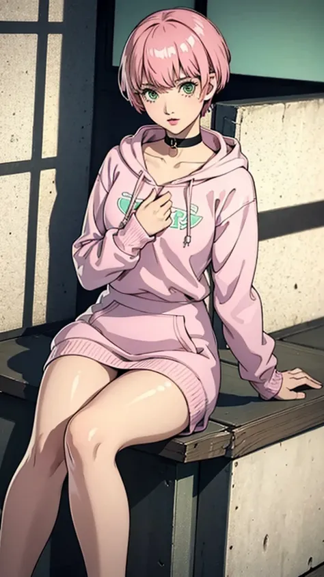 1 girl, green eyes, very Short hair, pink choker, lipstick, Shy, pink hair , tomboy Pixie haircut, hoodie, skirt, white stockings, thicc legs,cowboy shot, sit, flat chest, flat chest 