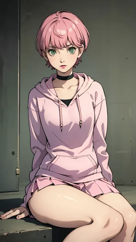 1 girl, green eyes, very Short hair, pink choker, lipstick, Shy, pink hair , tomboy Pixie haircut, hoodie, skirt, white stockings, thicc legs,cowboy shot, sit, flat chest, flat chest 