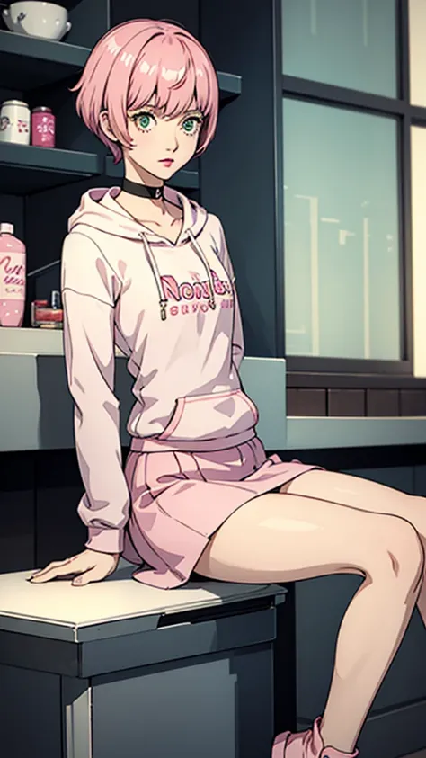 1 girl, green eyes, very Short hair, pink choker, lipstick, Shy, pink hair , tomboy Pixie haircut, hoodie, skirt, white stockings, thicc legs,cowboy shot, sit, flat chest, flat chest 