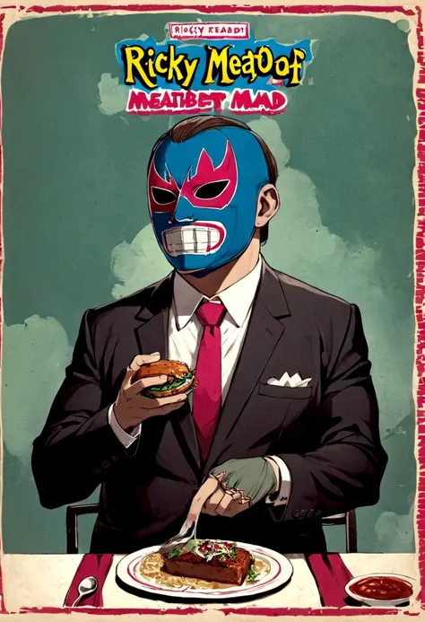 lucha libre masked man, buff, wearing a suit and enjoys a nice meal. album cover called "ricky meatloaf"