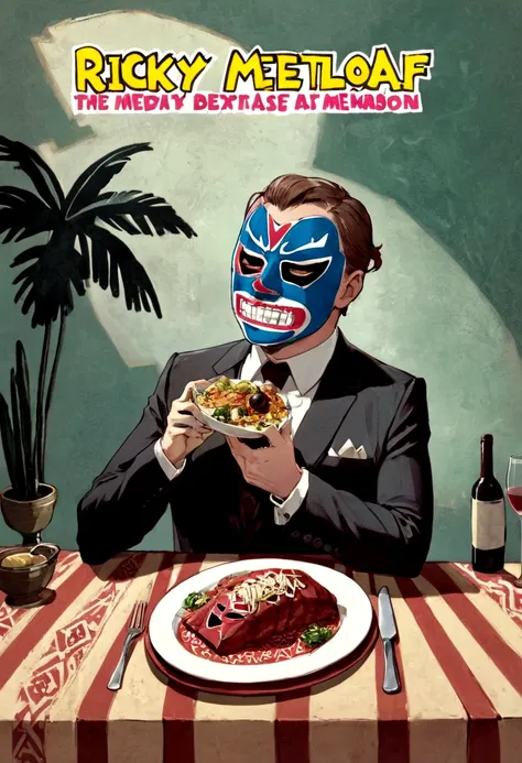 lucha libre masked man, buff, wearing a suit and enjoys a nice meal. album cover called "ricky meatloaf"