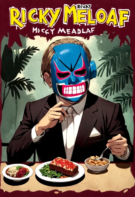 lucha libre masked man, buff, wearing a suit and enjoys a nice meal. album cover called "ricky meatloaf"