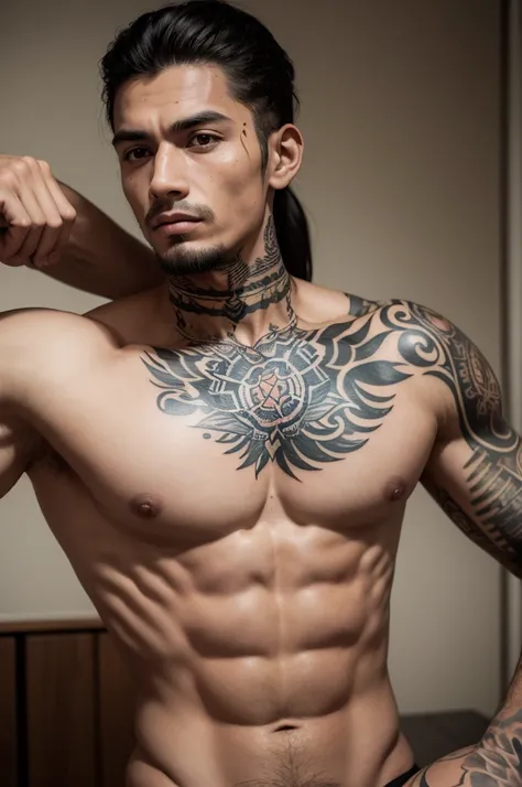 Um monge, with strong body, with tattoos on the body, with some echolales wooden scars on the neck and wrists 