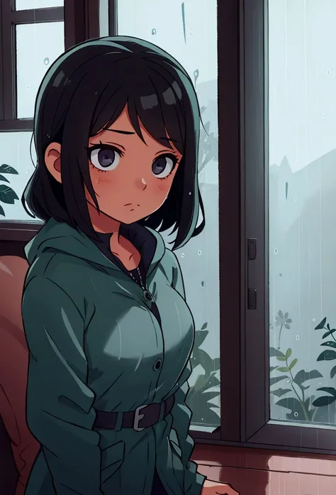 a girl watching, the rain falls through the window.