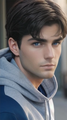   Judean men with blue eyes and medium hair, and sweatshirt focus on the face.