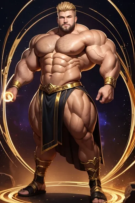 Full body image of a mage shaping two spirals of gold, arcane magic around himself. He is an absolute muscle adonis, teenager 16 years old short blond hair. Obscenely wide shoulders and traps. Very defined ‘V’ body shape with a narrow waist. Well defined s...