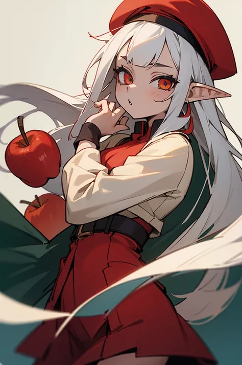 Young girl, kid, elf ears, white hair, medium-long hair, red beret, apple shaped beret, red adventurers clothing, cheerful, amber eyes.