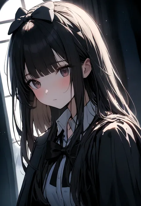 Open cousin, I want a girl with long loose hair with black bangs with a BOW TIED UP on her head, head slightly lowered look to the left focus on the face sample on the shoulders a little 