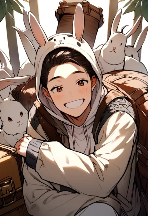 A white rabbit with black spots, anthropomorphized，wearing clothes，ten mens，trunk, sweatshirt, happy looking 