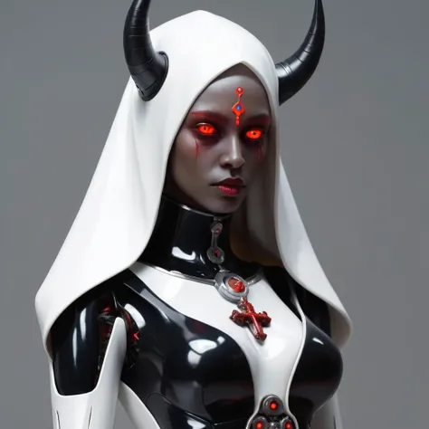 ral-opal, meahophontron, full body, woman robot face, devil nun, negro, looking at camera, body nun clothes, red eyes, primer plano looking at camera, realist, beautifull woman