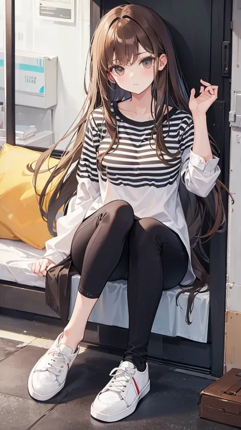 Girl with long brown hair,wearing striped shirt, black jeans and white shoes