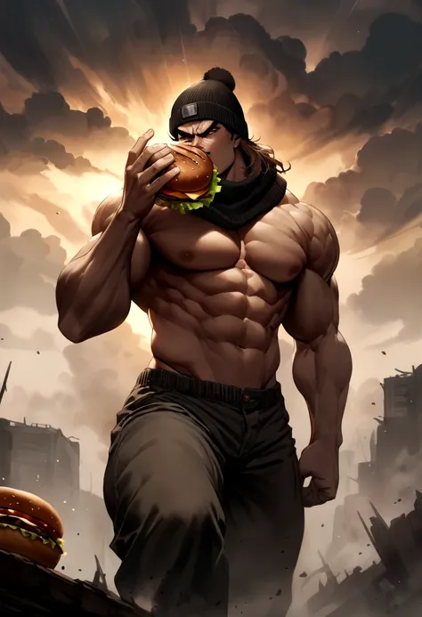 Muscular guy with medium long brown hair and black beanie hat eats a hamburger in a threatening manner