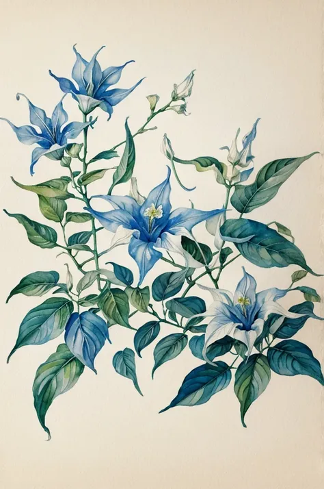 masterpiece of watercolor on white cotton paper of a pair of brugmansia blue flowers, with a branch, and some leaves