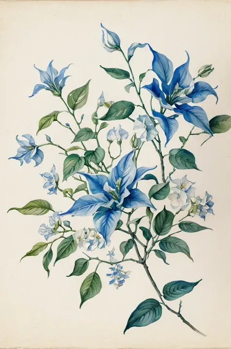 masterpiece of watercolor on white cotton paper of a pair of brugmansia blue flowers, with a branch, and some leaves