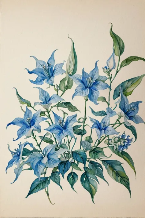 masterpiece of watercolor on white cotton paper of a pair of brugmansia blue flowers, with a branch, and some leaves