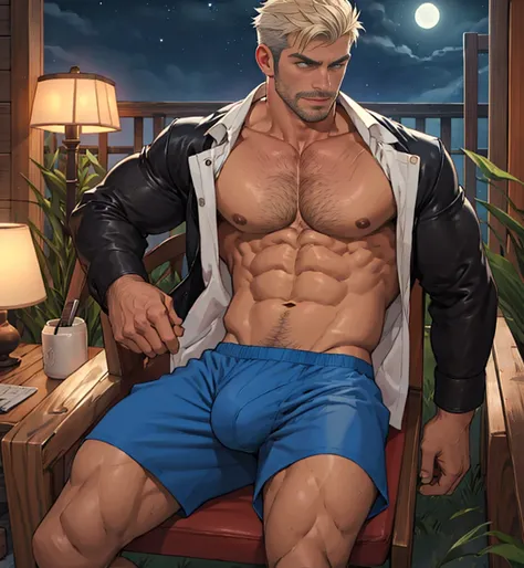 Ruggedly handsome older man, DILF, wearing boxer briefs, bare chest. Dominant, Confident, gentleman, solo shot, sitting in leather chair, nightime