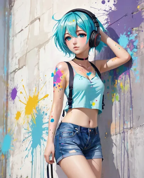 ​masterpiece, best quality, 1 girl, alone, Short top, Jeans-Shorts, neck ribbon, paint splatters, Arms behind the back, against the wall, Viewers look at, 手链, thigh strap, Color on the body, Head tilt, bored, multi-colored hair, aqua eyes, Headset,