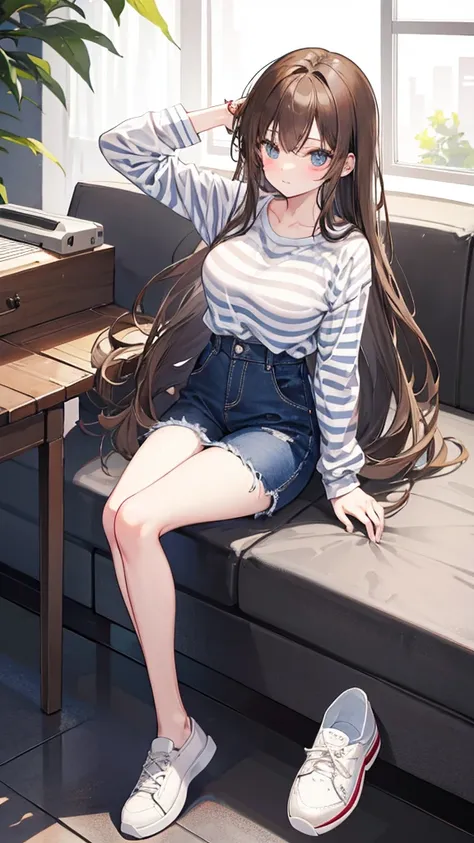 Girl with long brown hair,wearing striped shirt, black jeans and white shoes