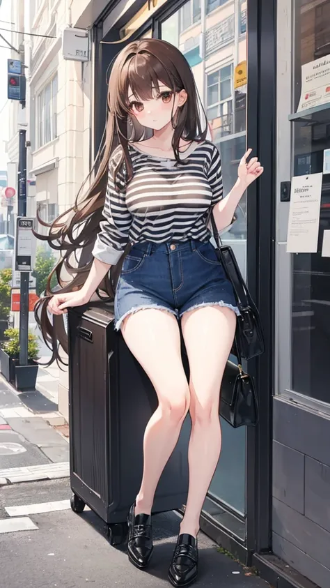 Girl with long brown hair,wearing striped shirt, black jeans and white shoes