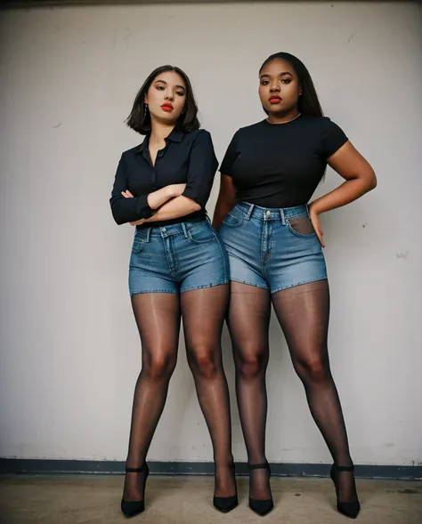 two black college students plain white shirt and jean shorts, stunning proportions, anatomically correct, gray sheer tights, gre...