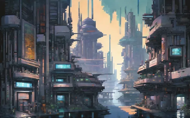 A futuristic cyberpunk city controlled by robots, pixel art painting by Yoko Tsuno, best quality, masterpiece, high details, Ultra intricate detailed