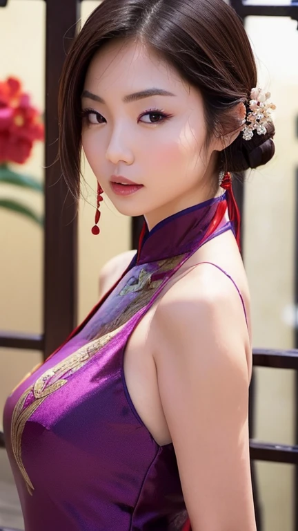 (megumi), Using the trigger word、Generate an image of a young female model wearing a traditional Chinese dress。She has a charming aura that evokes Chinese culture and aesthetics.、Her hairstyle is「chinese buns（Chinese bun hairstyle）」It has become。The dress ...