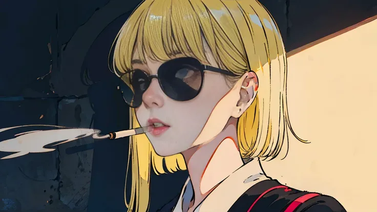 Beautiful blonde Asian girl, Perfect Face, sunglasses, Smoking white Taylormade cigarettes, Neon Black, (Backlit: 1.1), Hard Shadows, masterpiece, Highest quality, Complex, Model shooting style, Vintage, Film Grain, Rio de Janeiro