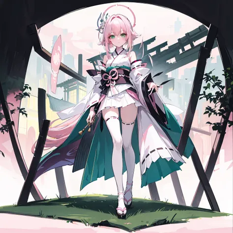 ((A pink-haired))，The hair was long，green eyes,Very long dull hairs，dark city background，white kimono costume，White miko stockings，white mini skirt, night,standing,pink hair,pink hair,