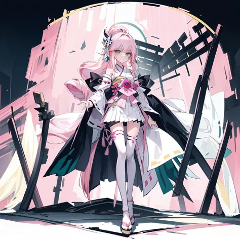 ((A pink-haired))，The hair was long，green eyes,Very long dull hairs，dark city background，white kimono costume，White miko stockings，white mini skirt, night,standing,pink hair,pink hair,