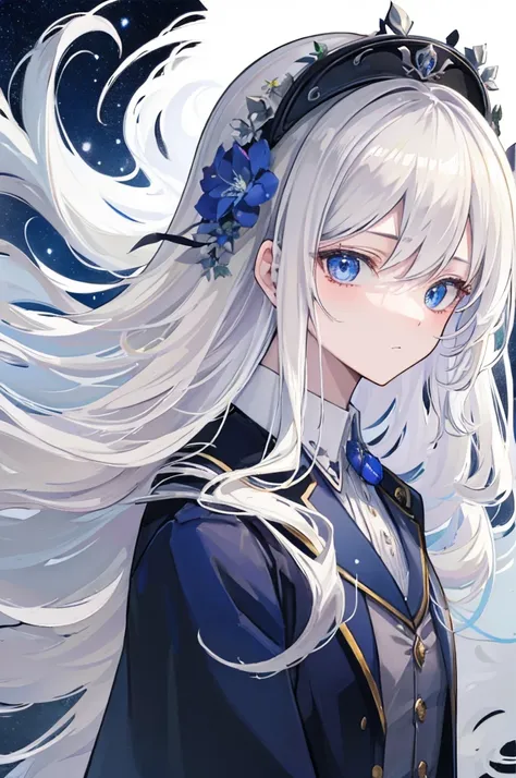 (masterpiece, highest quality:1.2), highest quality, masterpiece, high resolution, Anime style, portraiture, male, man, long hair, Silver hair, platinum blond hair, uniform for men, oversized coat, Feminine appearance, dark blue eyes, magic, magic square, ...