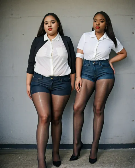 two black college students plain white shirt and jean shorts, stunning proportions, anatomically correct, gray sheer tights, gre...