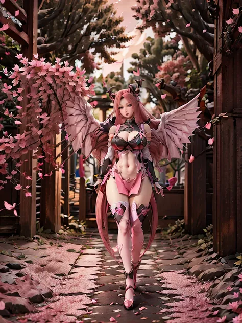 honkai impact, herrscher of thunder, very long hair, full body, pink hair, Sakura petals, Sakura long hair, great long horn, big demon wings, long tail, big tail, great tail