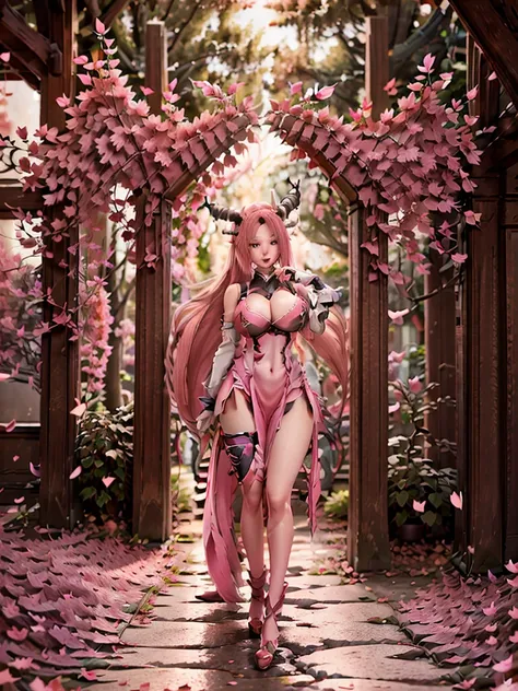 honkai impact, herrscher of thunder, very long hair, full body, pink hair, Sakura petals, Sakura long hair, great long horn, big demon wings, long tail, big tail, great tail