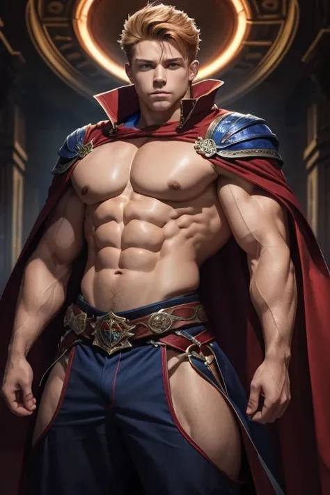 a mage shaping two spirals of red and blue magic around himself. He is an absolute muscle adonis, teenager 16 years old short blond hair. Obscenely wide shoulders and traps. Very defined ‘V’ body shape with a narrow waist. Well defined six pack. Long, flow...