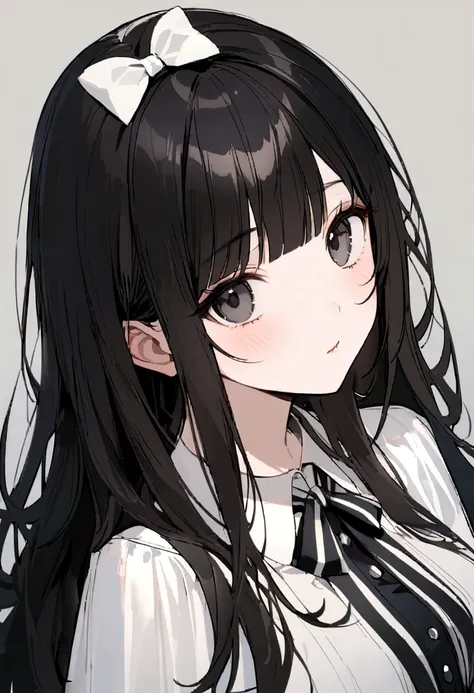 Open cousin, I want a girl with long loose hair with black bangs with a BOW TIED UP on her head, head a little lowered look to the left focus on the face sample on the shoulders a little real face