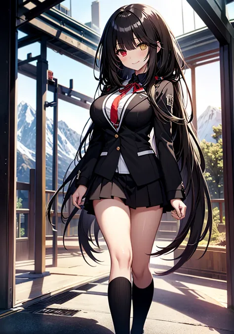 Masterpiece, high quality, ultra quality, best lighting, 1girl, ((tokisaki kurumi)), tokisaki kurumi, long hair, black hair, low twintails, monochrome, ((right red eye:1, left yellow eye:1)), black , ((black school uniform)), ((big breast)), ((big thigh)),...