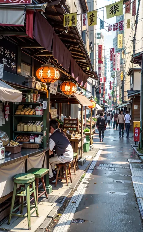 there are many tables and stools in the narrow alley, tokyo izakaya scene, in narrow tokyo alleyway, japanese street, tokyo alleyway, japanese downtown, old japanese street market, tea drinking and paper lanterns, in a tokyo street, tokyo street, with stre...