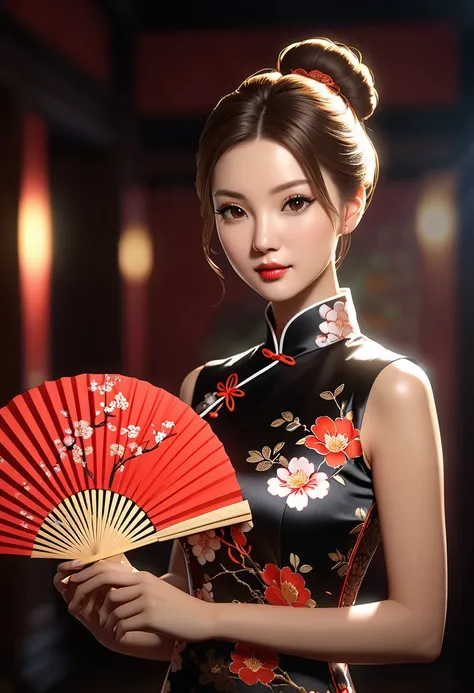 1woma, brown hair, brown eyes, hair bun, blurry, lips, cheongsam, black silk clothes, floral print, hand fan, dramatic lighting, depth of field, photon mapping, radiosity, physically-based rendering,