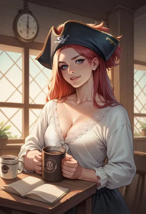 Create a coffee cup filled with a pirate ship inside, PICTURE REALISTIC. 