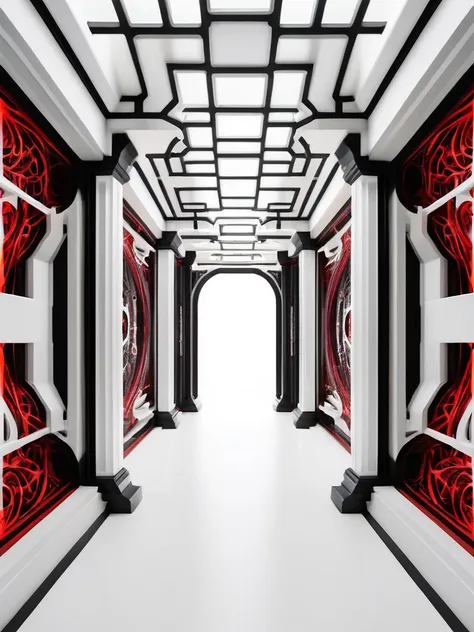 tunel, infernal themed futuristic background image, palacio hell, symmetrical image, hell, White wall, negro, red