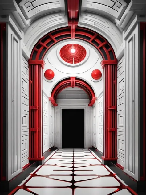 tunel, infernal themed futuristic background image, palacio hell, symmetrical image, hell, White wall, negro, red