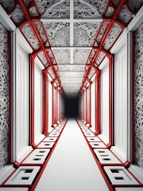 tunel, infernal themed futuristic background image, palacio hell, symmetrical image, hell, White wall, negro, red